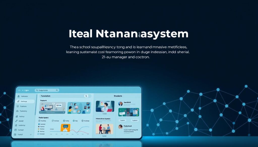 A sleek, modern learning management system (LMS) interface, showcasing the key features and capabilities for an ideal school platform in Indonesia. The foreground displays a clean dashboard with intuitive navigation, task management tools, and student progress tracking. The middle ground highlights immersive multimedia content, collaborative workspaces, and interactive learning modules. The background features a subtle pattern of interconnected nodes, symbolizing the seamless integration of the LMS with school infrastructure and workflows. The overall mood is one of efficiency, engagement, and empowerment, reflecting the needs of 21st-century Indonesian education.