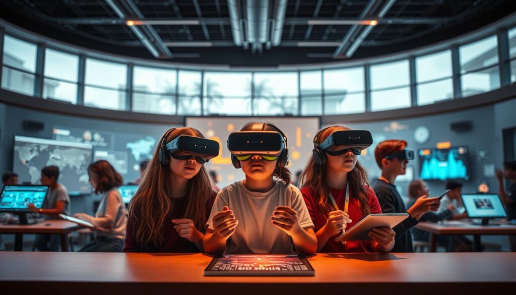 A vibrant and dynamic visualization of the "Effectiveness of Educational Technology" concept. In the foreground, a group of students engages with AR/VR devices, their faces lit by the warm glow of digital interfaces. The middle ground showcases a range of cutting-edge educational tools and technologies, including interactive whiteboards, tablets, and holographic displays. In the background, a futuristic classroom setting with sleek, minimalist design elements and large windows that let in natural light, creating a sense of openness and innovation. The overall scene conveys a mood of learning, discovery, and the seamless integration of technology into the educational experience. Cinematic lighting, shallow depth of field, and a slightly tilted camera angle add depth and visual interest to the composition.