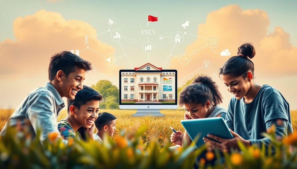 A vibrant digital landscape showcasing the key benefits of educational platforms. In the foreground, a group of diverse students collaboratively engaged with digital learning tools, their expressions filled with curiosity and enthusiasm. The middle ground features a sleek, user-friendly interface of a learning management system, highlighting features like interactive lessons, video conferencing, and seamless content delivery. In the background, a metaphorical representation of the broader impact - a school building surrounded by a network of interconnected devices, symbolizing the accessibility, flexibility, and personalization that digital platforms bring to modern education. Warm lighting and a sense of dynamism convey the transformative power of these technologies in enhancing the learning experience.
