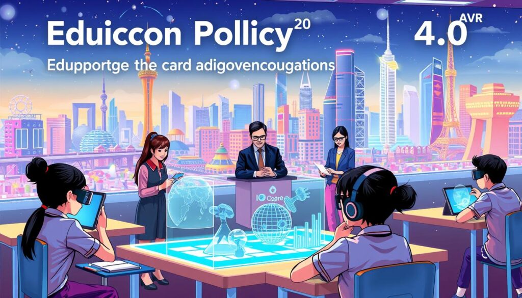 A vibrant, dynamic illustration of "Education Policy 4.0" showcasing its role in supporting AR/VR in science education. In the foreground, a classroom scene with students immersed in virtual learning experiences, interacting with 3D holographic models. The middle ground features government officials and policymakers collaborating, deliberating educational technology initiatives. In the background, a cityscape with futuristic architecture and infrastructure, symbolizing the integration of cutting-edge technology in the education system. The image should convey a sense of progress, collaboration, and a forward-thinking approach to transforming science education through AR/VR, all within the context of the government's Education Policy 4.0 framework. Use a vibrant, optimistic color palette and dynamic camera angles to create a visually striking and impactful illustration.