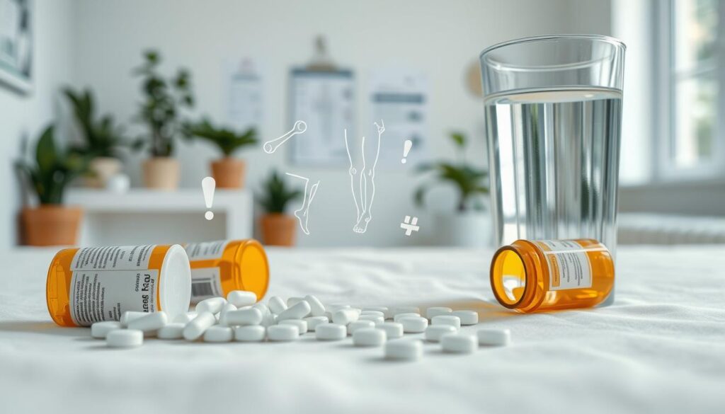 A close-up of a health-focused setting that illustrates the side effects of joint medications. In the foreground, a collection of small, labeled prescription bottles and tablets spill out onto a soft, white surface. Beside them, a glass of water glistens, reflecting soft overhead lighting. In the middle ground, delicate, abstract illustrations of human joints (e.g., knee and shoulder) appear, highlighted with subtle warning symbols like exclamation points. The background features a softly blurred clinical environment, portraying a healthcare professional's light-filled office, with potted plants and medical charts on the walls. The overall mood is informative yet gentle, aiming to convey caution and awareness. The image is well-lit, emphasizing clarity and professionalism.