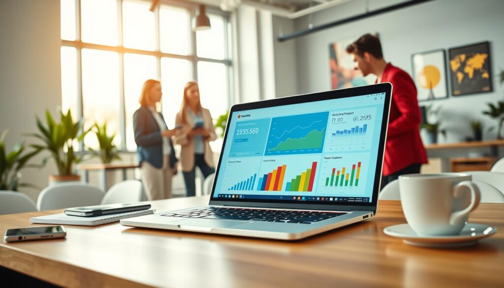 A modern online business platform depicted in a vibrant, digital workspace setting. In the foreground, a sleek laptop showcases a colorful dashboard display of e-commerce metrics and analytics, surrounded by professional business tools such as a smartphone, notepad, and coffee cup. In the middle ground, a diverse group of professionals in smart casual attire collaborate—one is pointing at the laptop screen while others engage in discussion, conveying teamwork and innovation. The background features a stylish office interior with large windows letting in soft, natural light, plants, and inspirational artwork on the walls. The atmosphere is energetic and forward-thinking, emphasizing the dynamic nature of online business opportunities. The image should be bright and inviting, portraying a sense of professionalism and creativity.