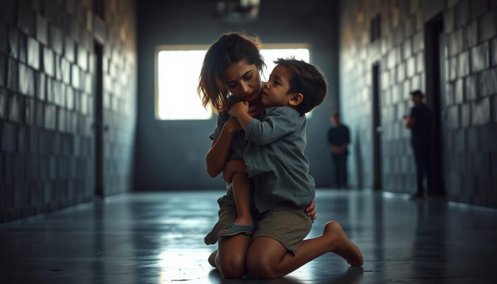 A poignant scene illustrating a final embrace between a mother and her child within a prison setting. In the foreground, the mother, wearing modest casual clothing, is kneeling and holding her child tightly, her face filled with emotion and sorrow. The child, in simple, neat attire, looks up with tears in their eyes. The middle ground features the stark prison environment with gray concrete walls, barred windows allowing soft, diffused light to filter in, creating a sense of confinement. In the background, blurred silhouettes of other inmates reflect a somber mood. The overall atmosphere is heavy with emotion, capturing the bittersweet moment of farewell with soft, natural lighting that enhances the feelings of love and loss. Shot from a slightly low angle to emphasize the emotional weight of their connection.