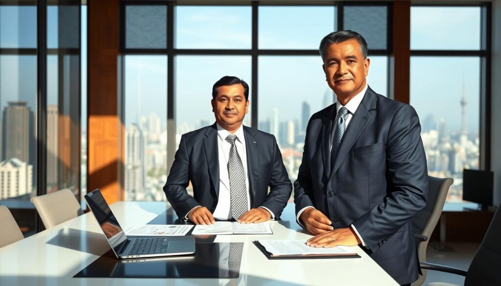A poised Indonesian Finance Minister stands confidently at a sleek, modern desk in an elegant office, surrounded by financial reports and a laptop. The minister, dressed in a sharp navy suit with a crisp white shirt and a subtle patterned tie, is a middle-aged man with a thoughtful expression and neatly combed hair. In the background, large windows allow natural light to flood the room, offering a panoramic view of a bustling city skyline. Soft shadows create a professional yet approachable atmosphere. The scene conveys a sense of authority and competence, ideal for illustrating topics related to economic management and finance. The image should be captured from a slightly elevated angle to emphasize the minister's authority while maintaining a warm, welcoming look.