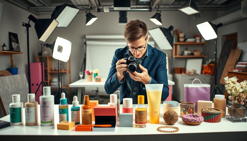 A professional photography setup showcasing a product photography service. In the foreground, a well-lit table displays a selection of beautifully arranged products like skincare bottles, electronics, and handmade crafts, all in vibrant colors. The middle ground features a photographer in smart casual attire, focused on adjusting a high-end camera with a macro lens, capturing the intricate details of the products. Softbox lights illuminate the scene, creating a bright and inviting atmosphere. In the background, a neatly organized workspace with photography equipment and props, including backdrops and styling materials, enhances the sense of creativity. The overall mood is dynamic and professional, reflecting the essence of a successful product photography business.