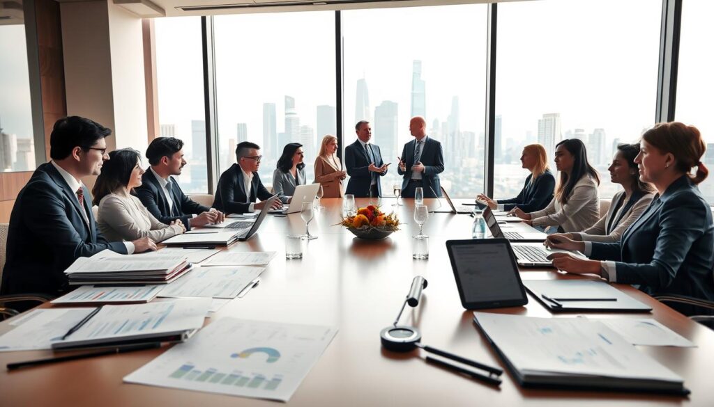 A professional setting representing the World Economic Forum's research initiatives and reports. In the foreground, an elegantly designed conference table filled with detailed research papers, analytical charts, and high-tech devices like laptops and projectors. In the middle ground, a diverse group of professionals in business attire, engaged in a dynamic discussion, showcasing their enthusiasm and commitment to economic development. In the background, a large window reveals a modern city skyline, symbolizing innovation and growth. Soft, natural light floods the room, creating an optimistic and collaborative atmosphere. Shot from a mid-angle perspective to capture the interaction and the setting cohesively, emphasizing the importance of these initiatives in the broader economic landscape.
