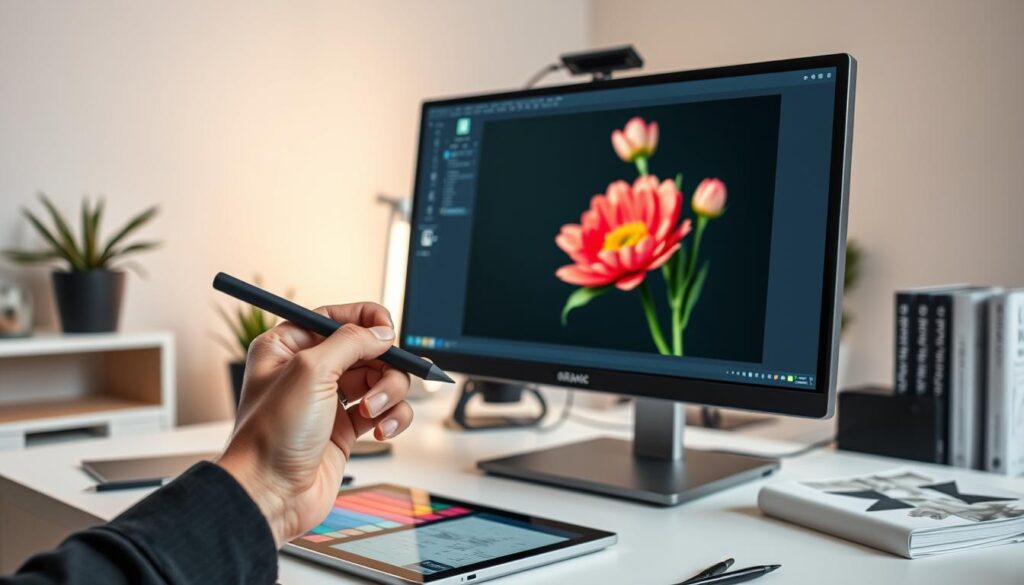 A professional workspace featuring a sleek computer screen displaying an image editing software interface. In the foreground, a hand using a stylus to accurately erase the background of a vibrant photograph of a flower bouquet. The middle ground shows a well-organized desk with tools like a color palette, a digital tablet, and graphic design books. In the background, soft, diffused lighting illuminates the room, creating a calm, focused atmosphere. The scene should evoke a sense of professionalism and creativity, with a lens perspective that captures the action of editing and the beauty of the subject.