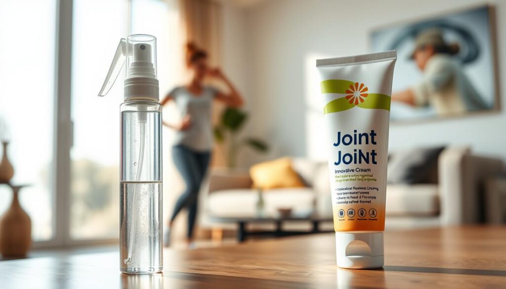 A sleek, modern spray bottle and a tube of innovative joint cream prominently displayed in the foreground, showcasing their sleek and ergonomic designs. The spray bottle features a transparent nozzle, with droplets of the solution glistening in the light. The tube is adorned with fresh, vibrant colors and symbols representing innovation and healing. In the middle ground, blurred silhouettes of people engaging in light exercises, symbolizing active lifestyles enhanced by these products. The background features a soft focus on a bright and airy living room or wellness space, filled with natural light streaming through large windows, creating an inviting and hopeful atmosphere. The overall mood conveys a sense of relief and positivity, emphasizing the products' role in improving joint health. Use soft, warm lighting to enhance the inviting feel. The composition should be seen from a slightly elevated angle to capture all elements.