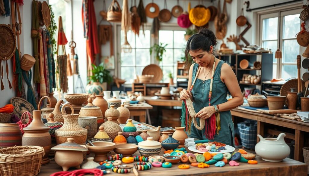A vibrant and engaging workspace filled with various handmade crafts, showcasing a variety of creative handcrafts. In the foreground, a skilled artisan, dressed in modest casual clothing, is meticulously working on a colorful macramé piece, surrounded by vibrant textiles and tools. The middle ground displays an assortment of finished products: woven baskets, handmade pottery, and colorful jewelry, beautifully arranged on a rustic wooden table. In the background, soft natural light filters through a large window, illuminating the entire scene and creating a warm, inviting atmosphere. The image captures a sense of creativity, productivity, and artistic passion, emphasizing the beauty and potential of handmade crafts.