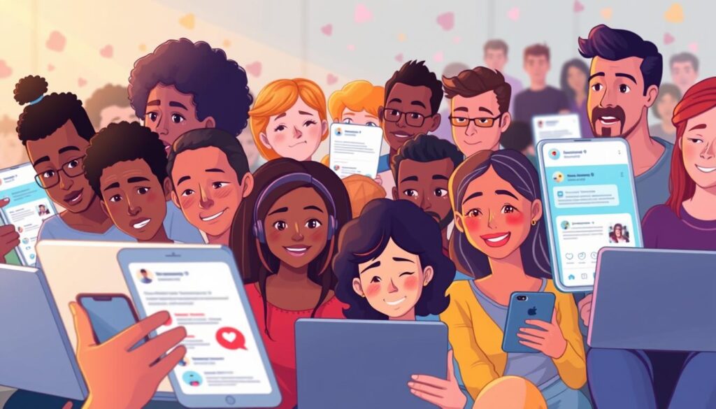 A vibrant digital illustration depicting diverse social media reactions to a viral video, focusing on a collage of expressive faces from various cultures and backgrounds. The foreground includes individuals, depicting a range of emotions from sadness and joy to confusion, with them sitting at their devices—smartphones and laptops. The middle ground features social media feeds with icons and posts, slightly blurred to emphasize the reactions. The background provides an abstract representation of a bustling online space, filled with soft colors and digital elements. The lighting is warm, creating an inviting atmosphere, while the angle captures the sense of community and interaction among users. The mood is a mix of empathy and curiosity, illustrating the varied responses to a heartfelt moment.