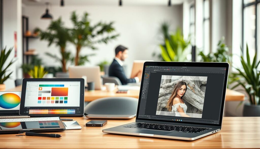 A visually engaging workspace scene featuring a variety of alternative photo background removal tools. In the foreground, display a sleek laptop with an open photo editing software interface showing a sample image with its background being removed. To the left, place an array of user-friendly tools like a graphics tablet, a smartphone app, and various online editing platforms, all elegantly arranged. The middle ground should feature a vibrant desk with color swatches, cropping tools, and a blurred image of someone in smart casual attire, focused on editing. The background should be a bright, modern office space filled with greenery and adequate natural light, creating a motivational and creative atmosphere. Use a soft focus lens effect for a professional appeal, emphasizing innovation in photography editing.