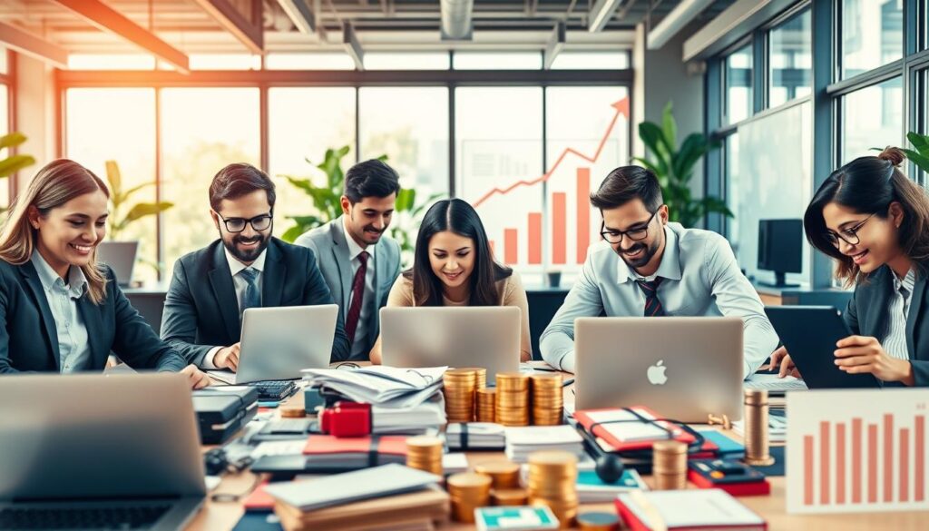 A visually rich and vibrant scene depicting various methods of making money online. In the foreground, a diverse group of individuals, dressed in professional business attire, are engaged in activities such as coding, digital marketing, and creating content on laptops. In the middle ground, a workspace cluttered with gadgets, online platforms, and charts illustrating growth and success. The background features a modern office setting, with large windows letting in soft, natural light, accentuating the entrepreneurial spirit. The atmosphere is dynamic and optimistic, suggesting opportunities and innovation in the digital economy. The composition should convey a sense of movement and energy, emphasizing the excitement of earning money online without significant capital investment.