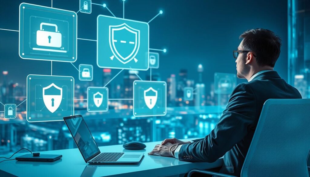 A dramatic and engaging scene illustrating "internet security technologies." In the foreground, a professional wearing business attire is seated at a sleek desk, intently observing multiple holographic screens displaying data protection graphics, firewalls, and encryption symbols. The middle ground features a modern workspace with futuristic devices, like a sophisticated laptop and security cameras. In the background, a digital cityscape with glowing network connections symbolizes the vastness of the internet. The atmosphere is focused and high-tech, with cool blue and green lighting, casting a futuristic glow. Use a slightly elevated angle to capture the depth of this cyber environment, emphasizing a sense of vigilance and proactive security.